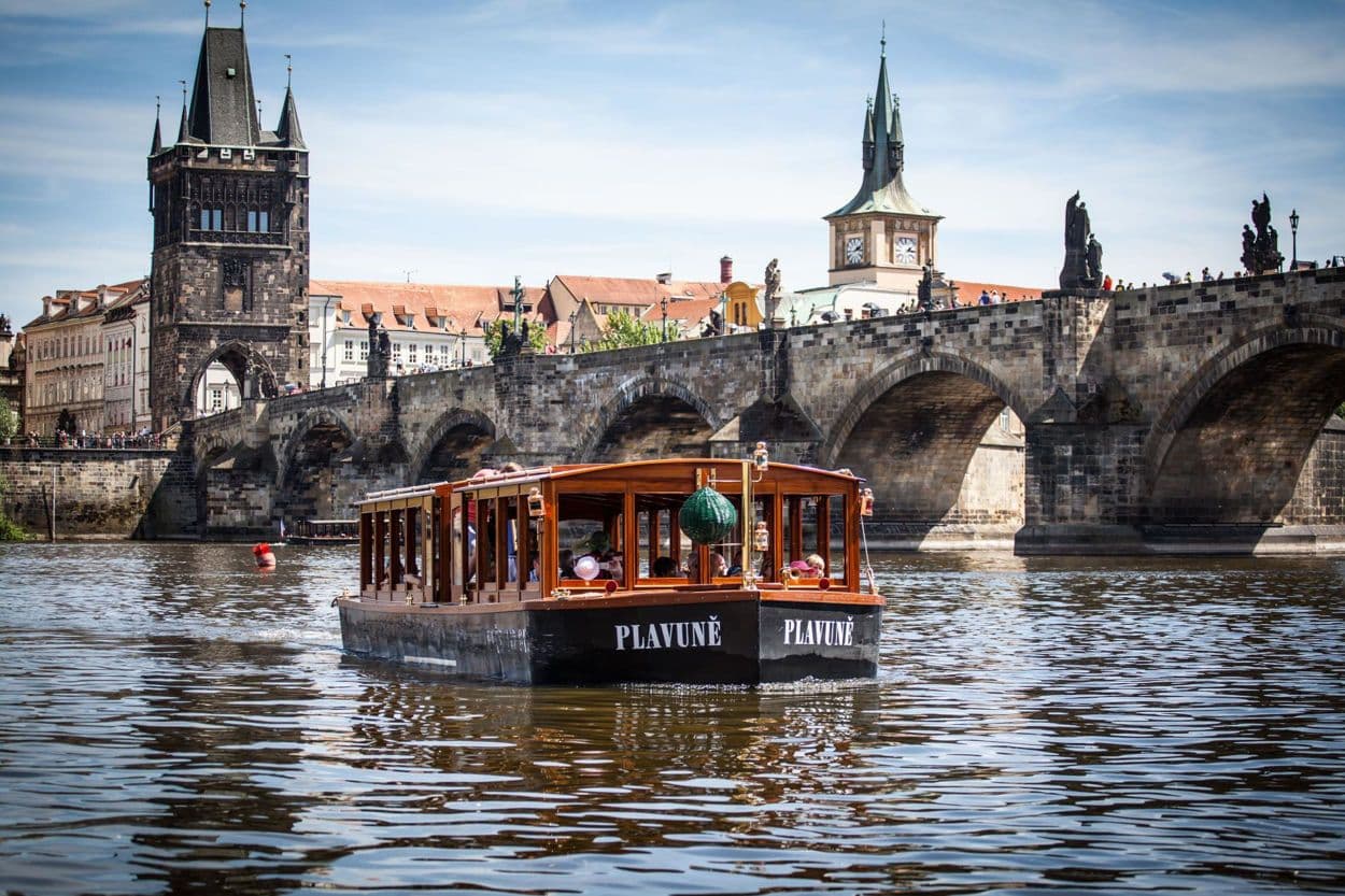 A river cruise boat in Prague, offering a unique outdoor event space near the historic Charles Bridge.