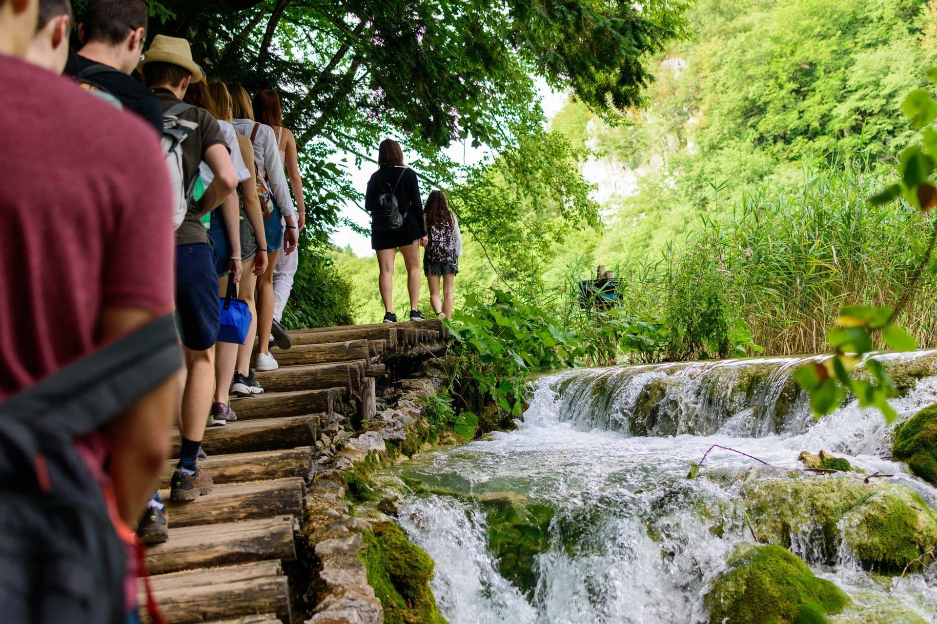 A group walks on a wooden path next to waterfalls in a lush green forest, ideal for outdoor team building.