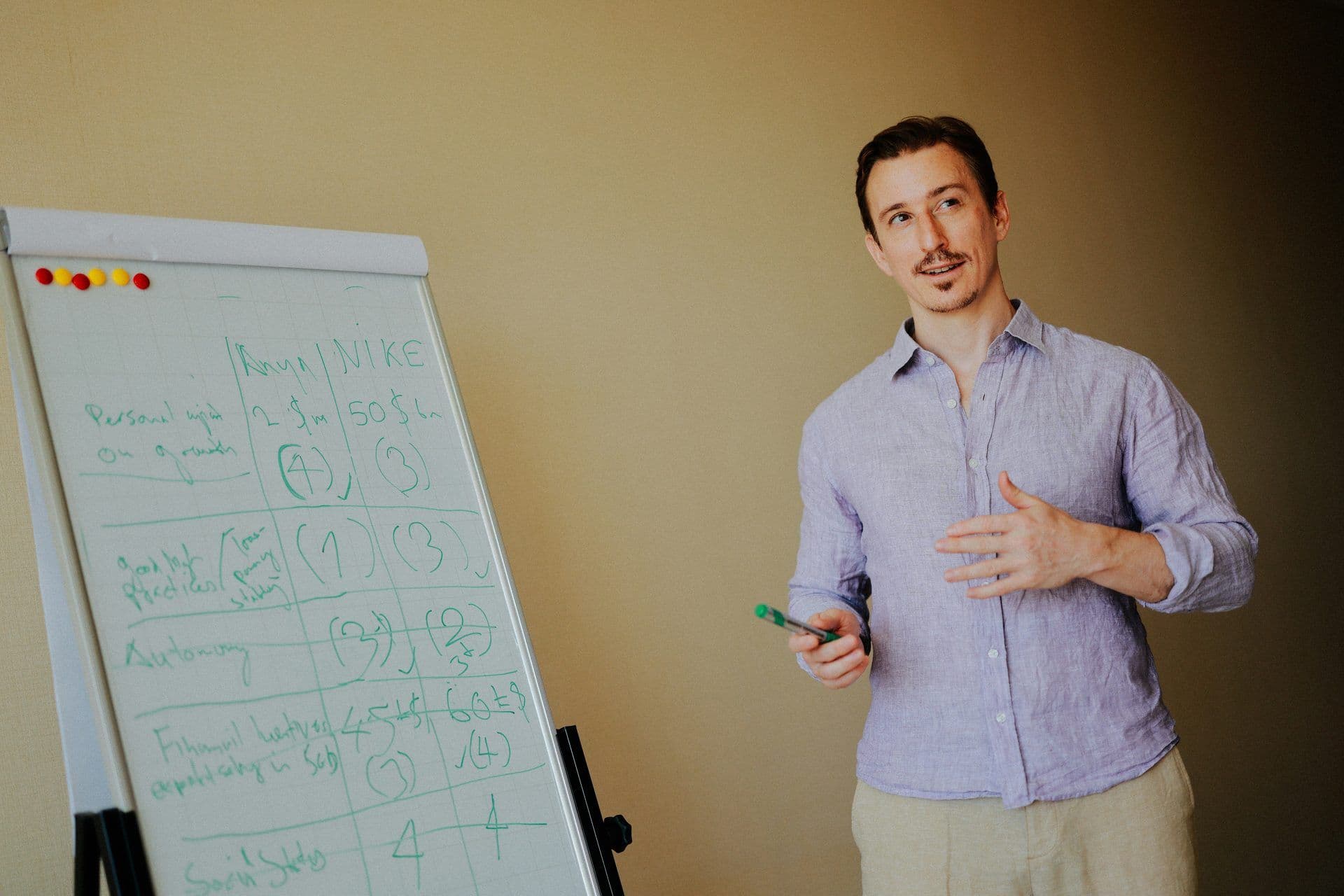 A man presents at a corporate seminar, standing beside a flip chart with notes in a modern meeting room.