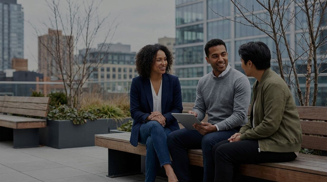 Three professionals collaborate on a modern rooftop terrace, ideal for a corporate offsite meeting.