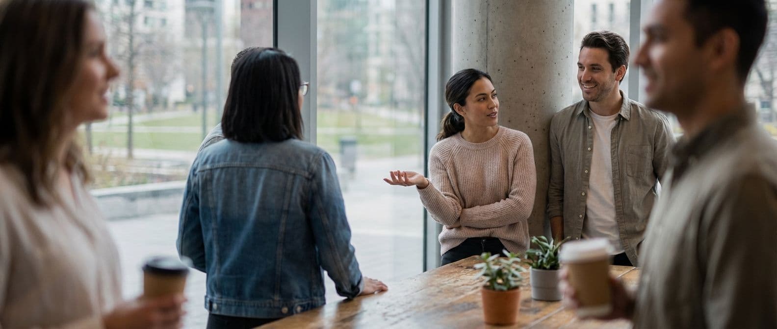Colleagues engage in a casual networking event, holding coffee cups in a bright corporate event space.