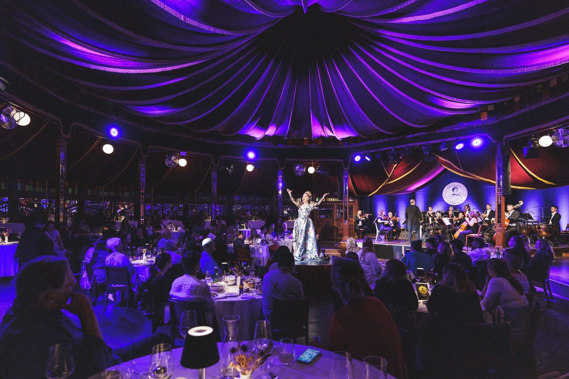 A grand corporate dinner in a unique banquet hall with a live orchestra and performer under purple lighting.