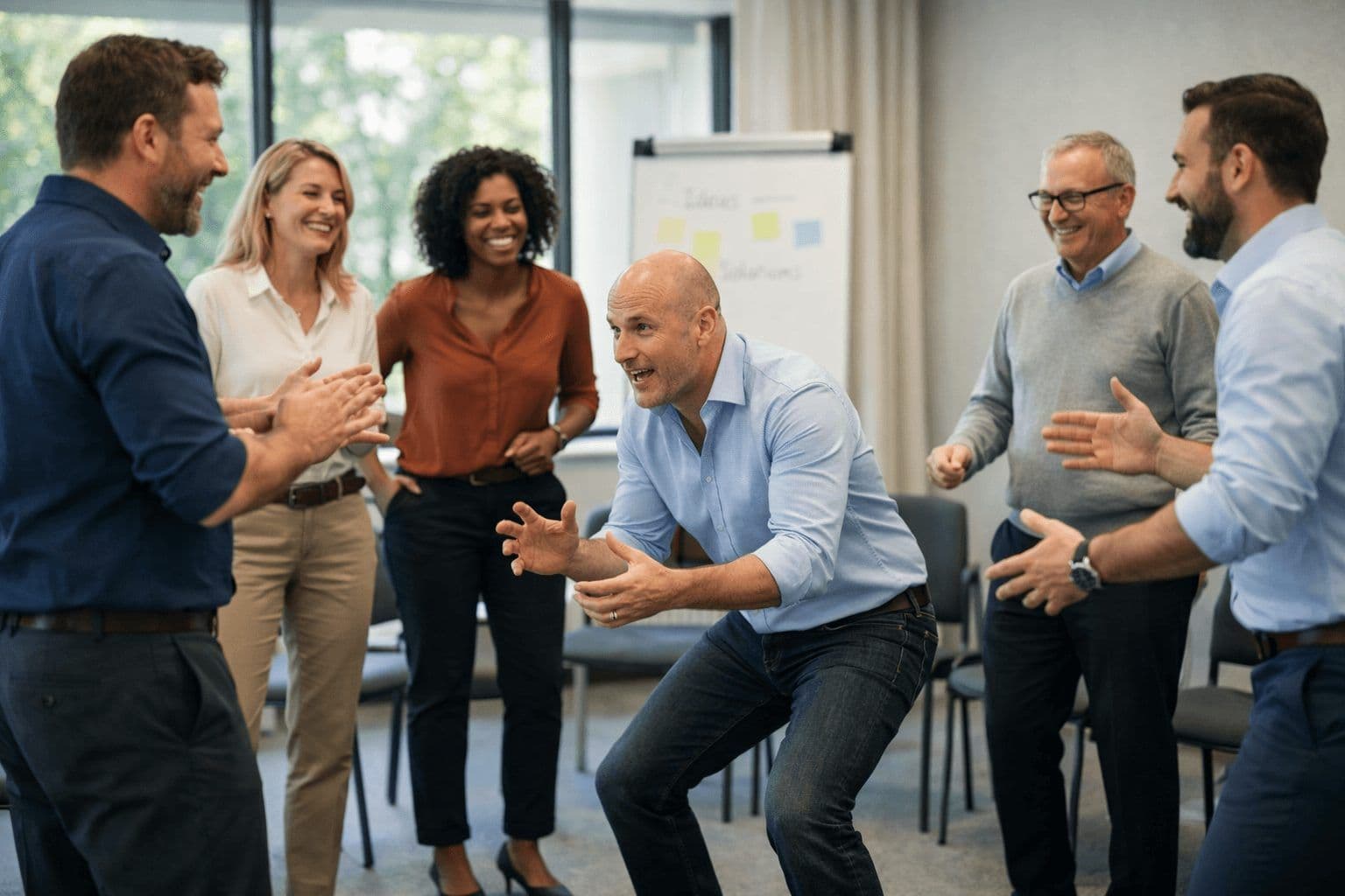 Enterprise team actively participating in a lively team building workshop in a bright event space.