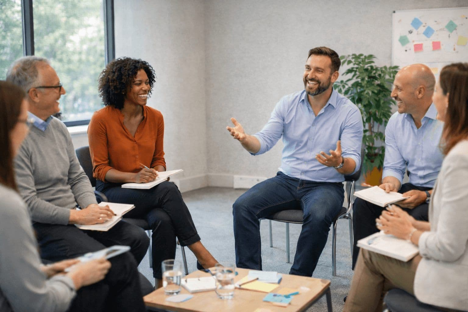 Diverse professionals engaged in a lively corporate workshop discussion in a modern seminar room.