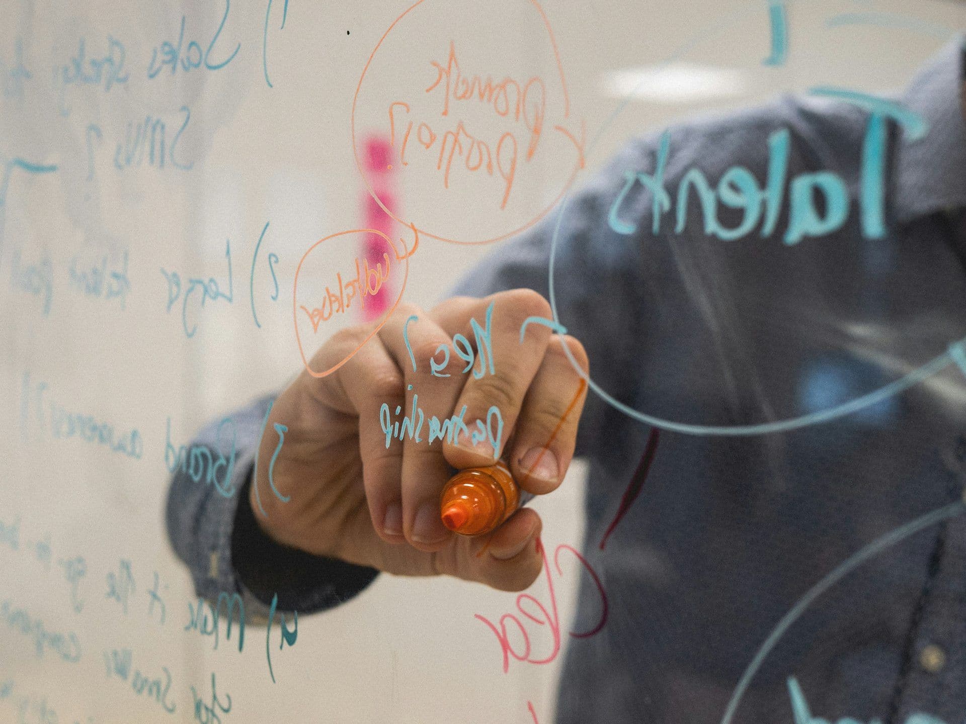 Close-up of a hand writing with an orange marker on a glass whiteboard during a corporate workshop.