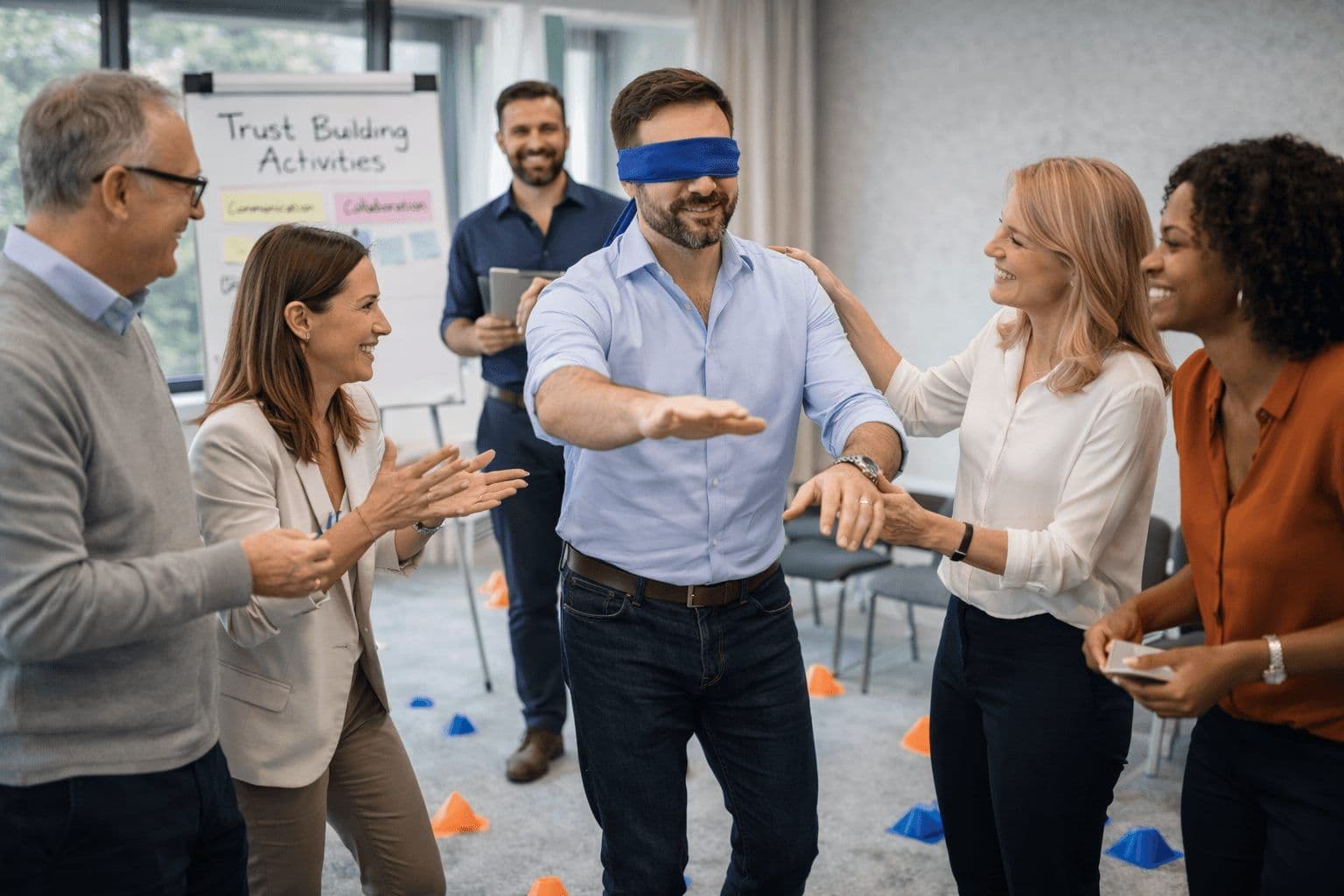 Professionals participate in a blindfolded trust-building activity during a corporate team offsite.