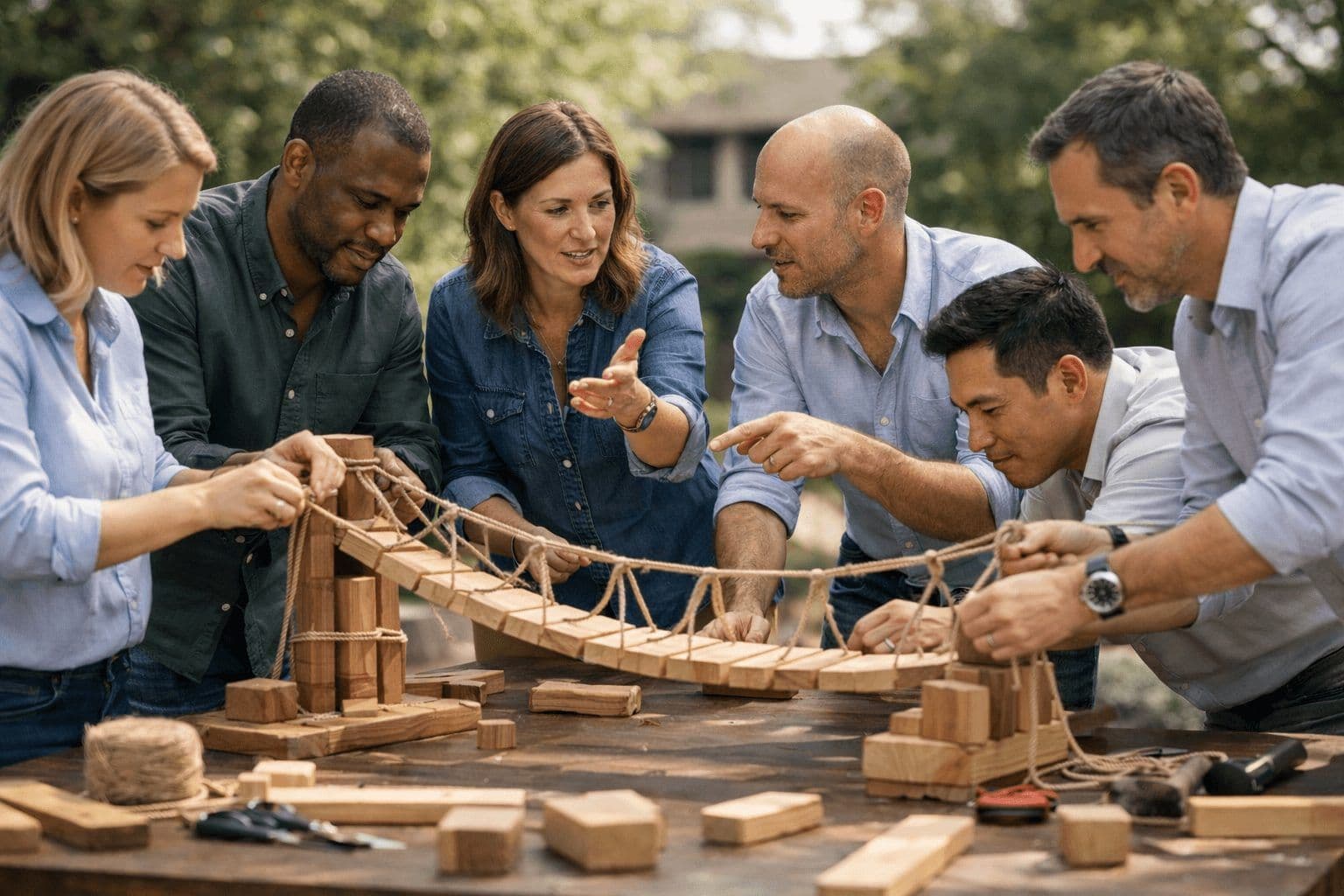 Six diverse colleagues collaborate on an outdoor wooden bridge building team building activity.