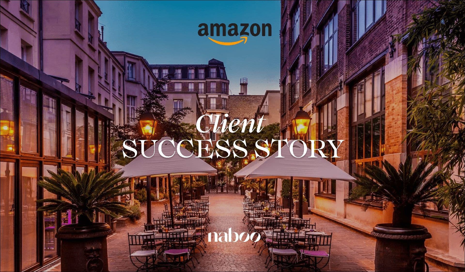 Outdoor corporate event venue in a historic European city, featuring a terrace with tables and chairs at dusk.