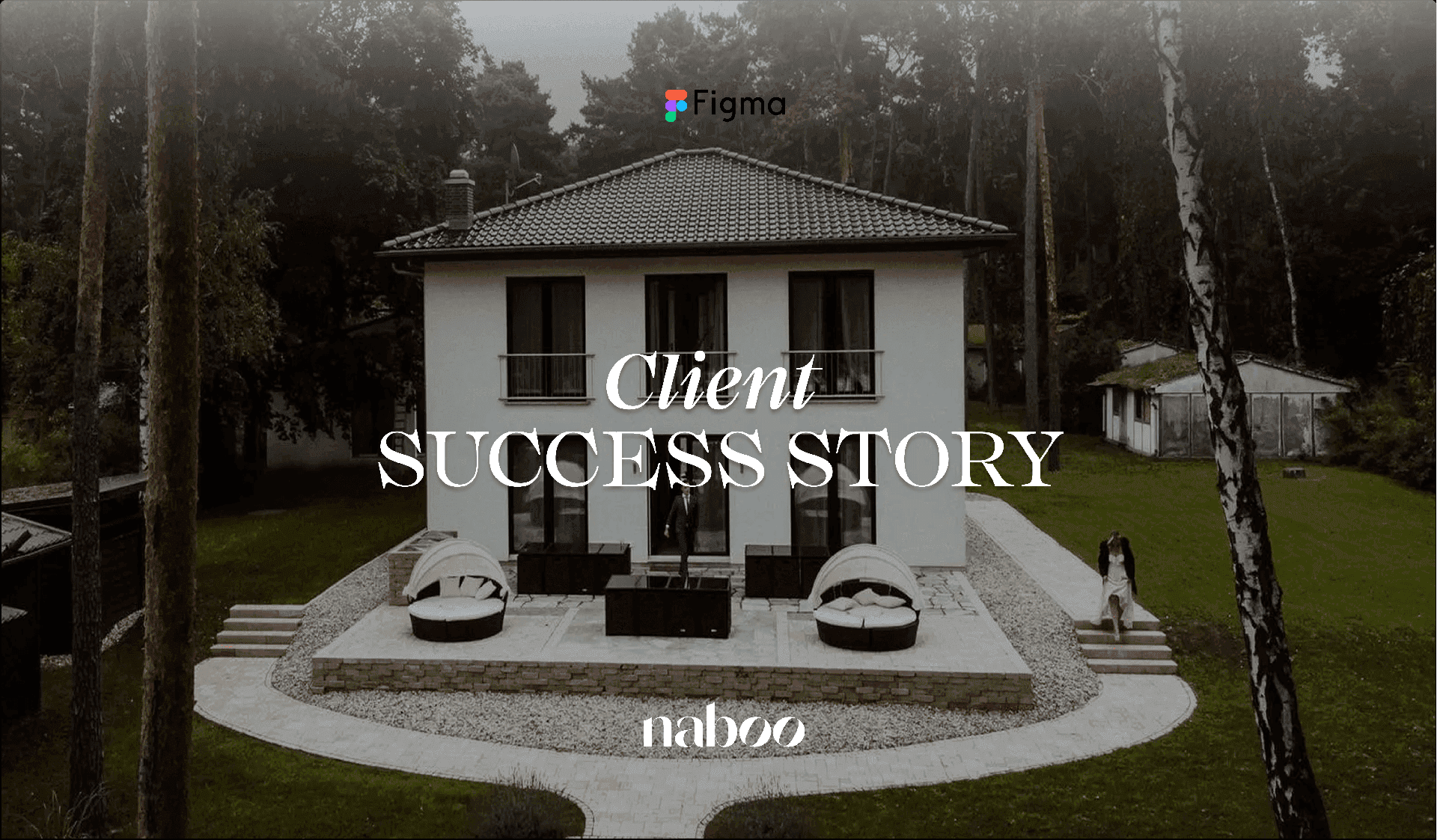 An elegant white villa, perfect for a corporate retreat or team offsite, surrounded by a lush forest.