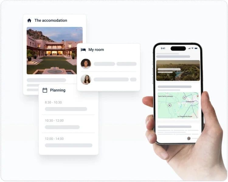 Digital event planning interface showing accommodation, schedule, and map for a corporate retreat in France.