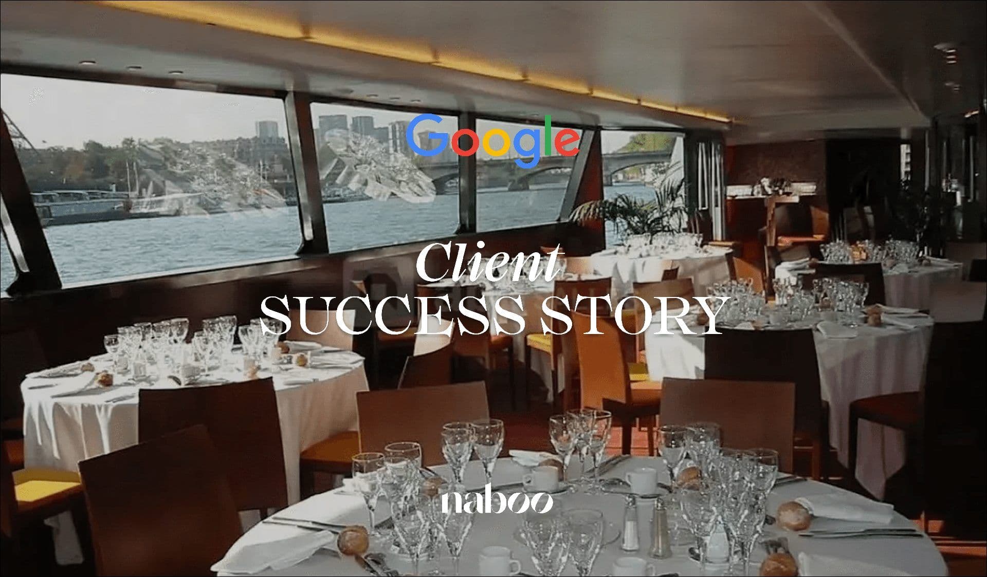 Elegant river cruise boat venue set for a Google corporate dinner, with tables overlooking the Seine in Paris.
