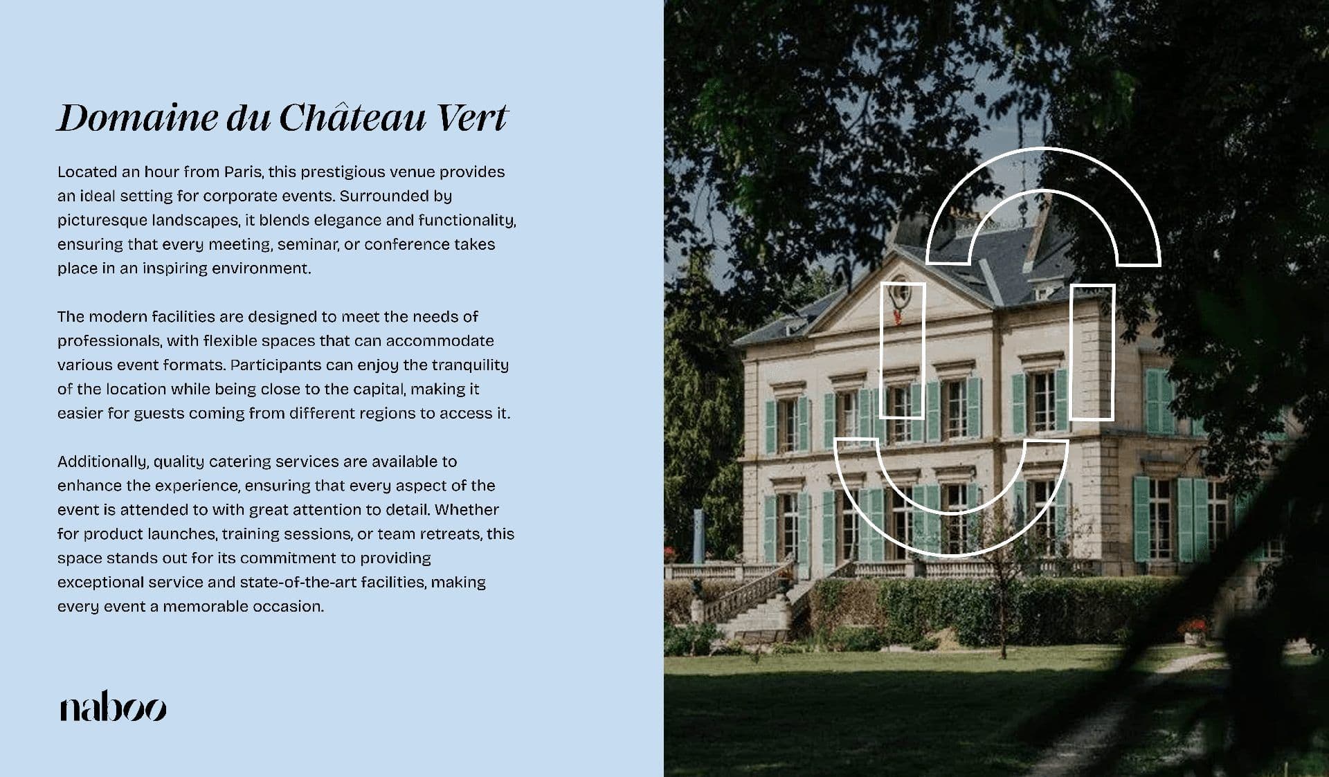 Elegant historic chateau with green shutters and a grand staircase, ideal for corporate events near Paris.