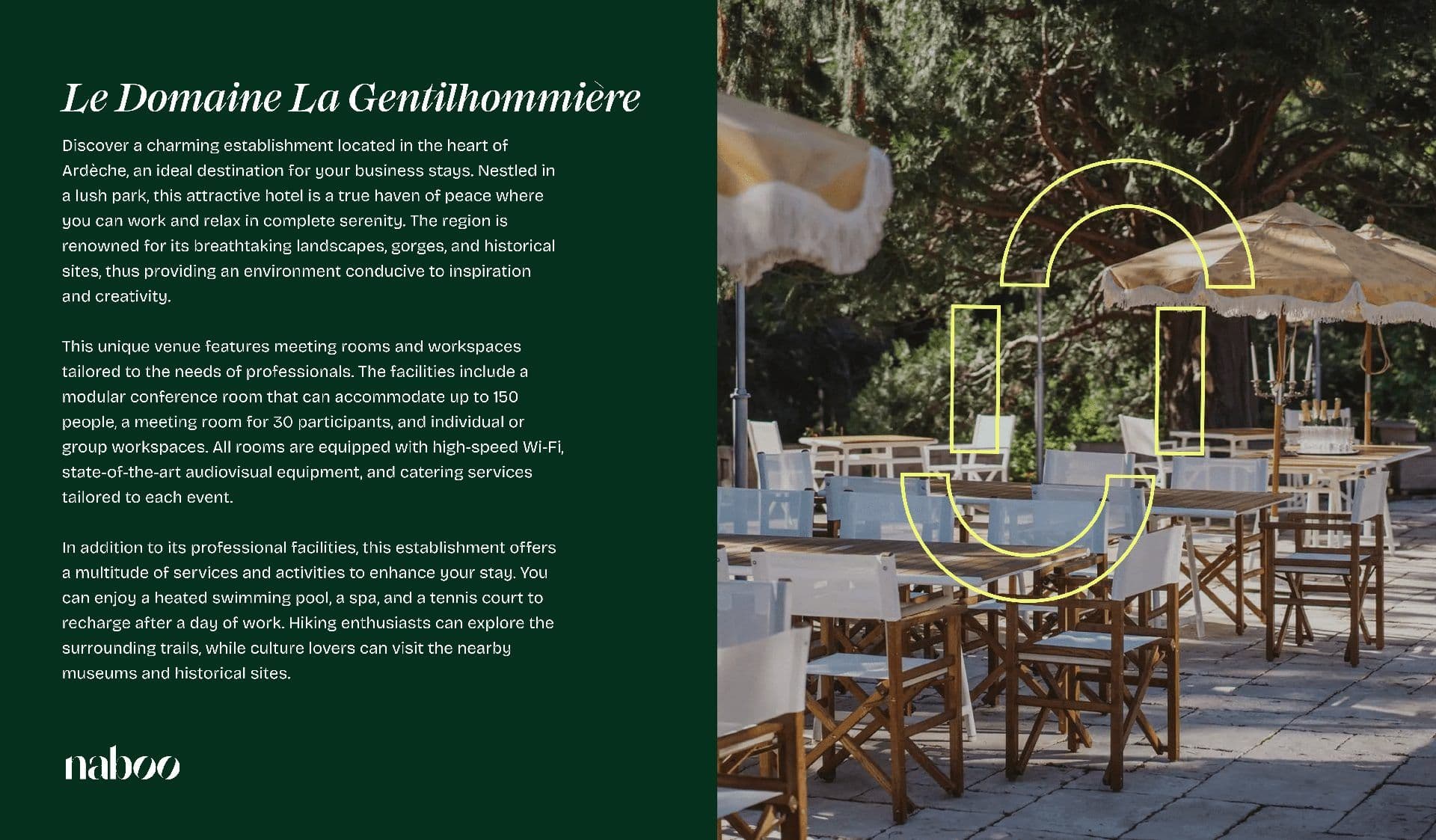 Elegant outdoor corporate event space with dining tables, parasols, and champagne in Ardèche.