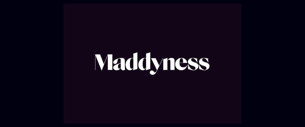 The Maddyness logo, featuring white serif text on a solid dark purple background.