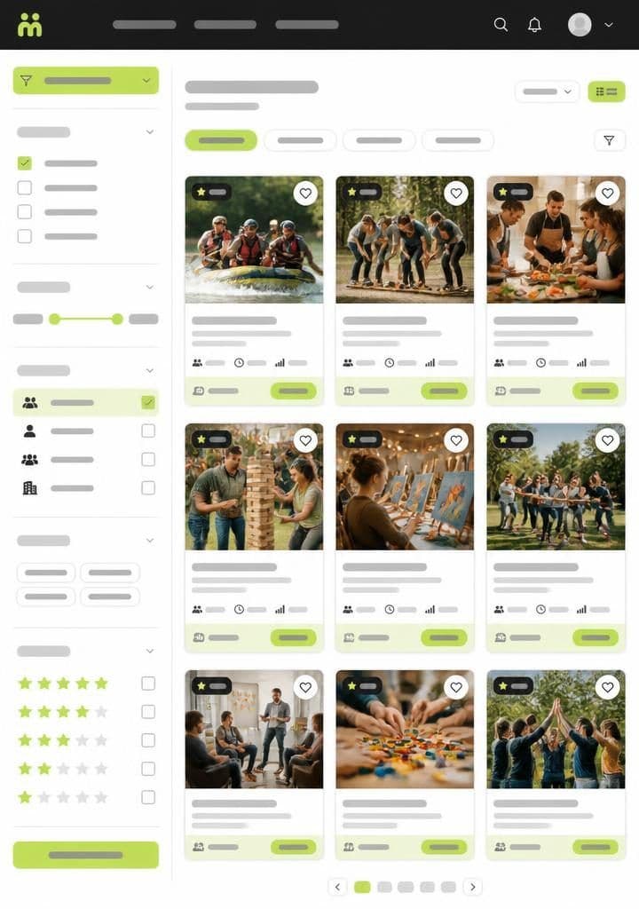 Grid of corporate team building activities including rafting, cooking, and workshops.
