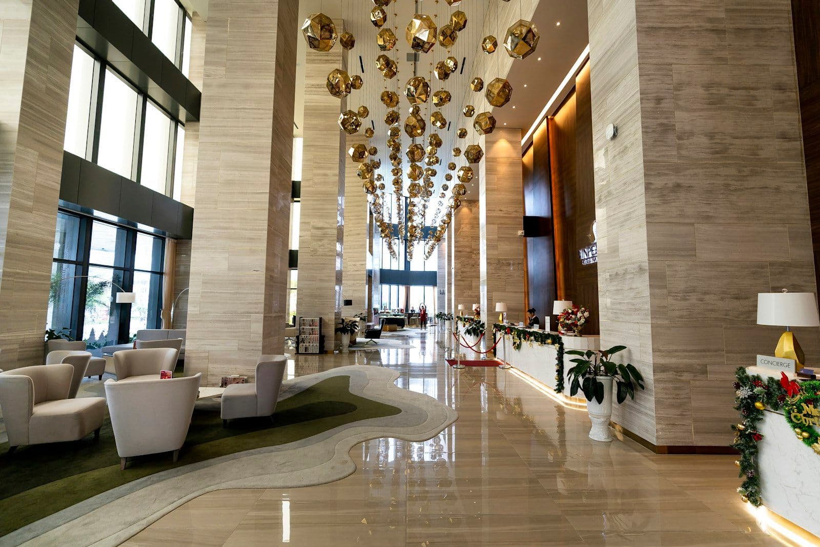 Luxury hotel lobby with chandelier