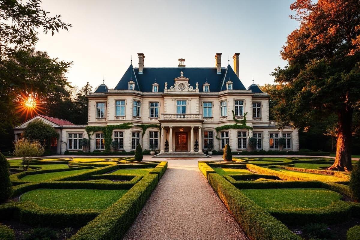 A grand historic chateau with a dark roof and manicured gardens