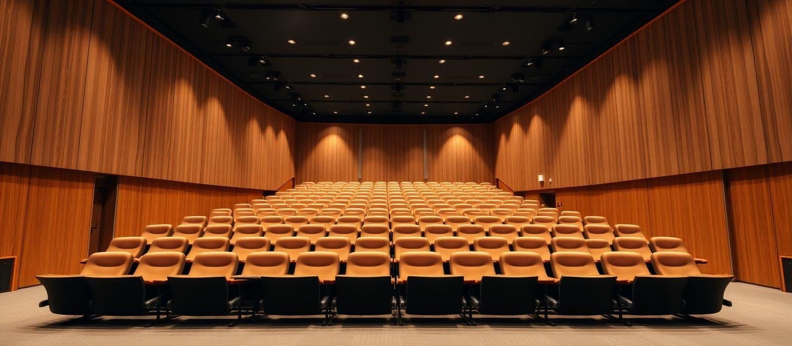 An empty modern auditorium with tiered rows of orange seats and warm wooden walls, ideal for corporate events.