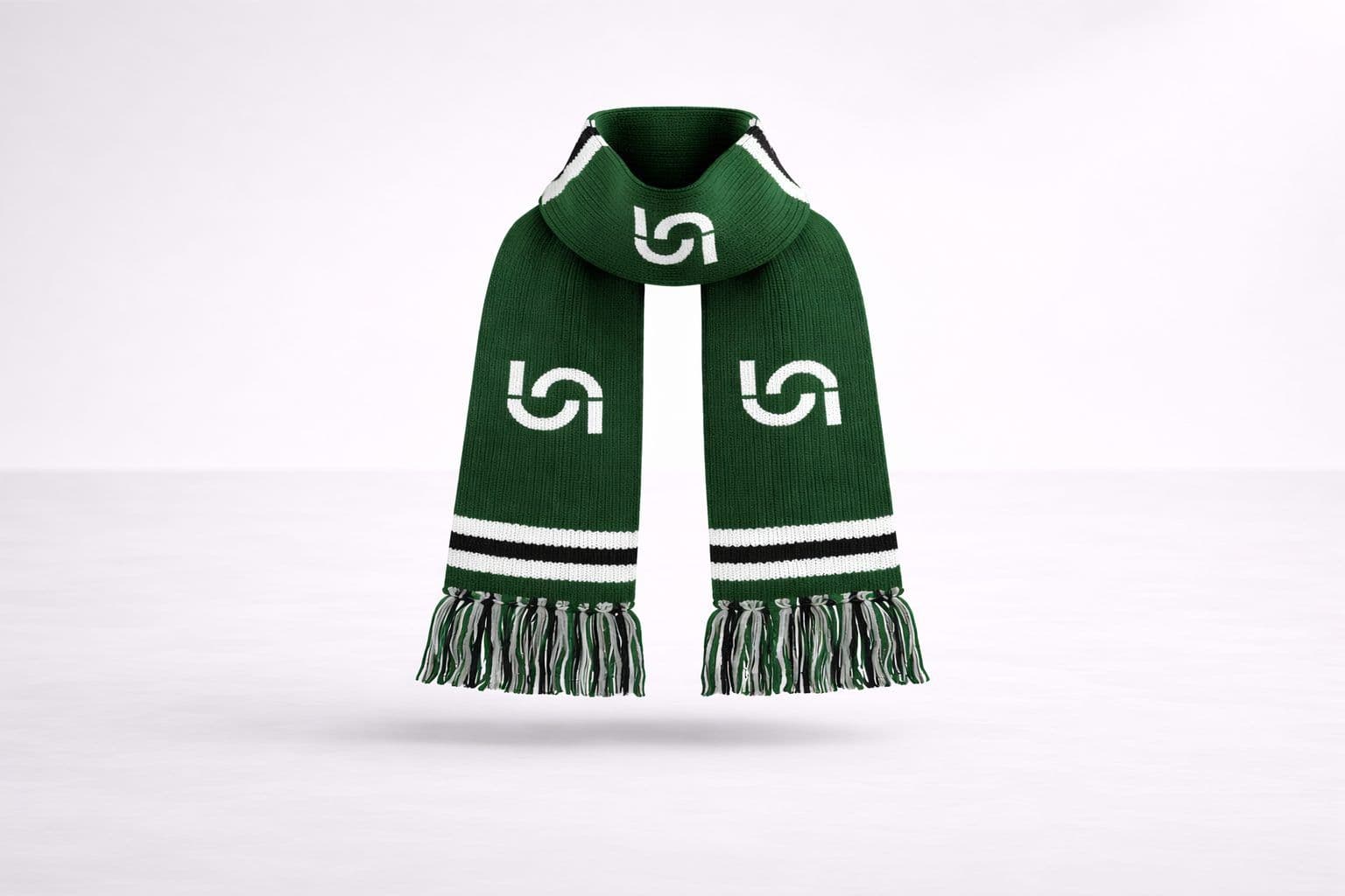 A green knitted corporate scarf with white stripes and a logo, ideal for enterprise event giveaways.