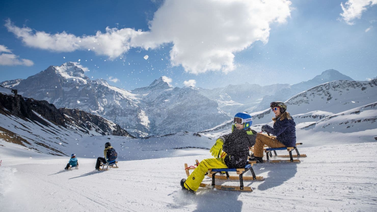 People sledding down a snowy mountain slope in Switzerland, an exciting outdoor team building activity.