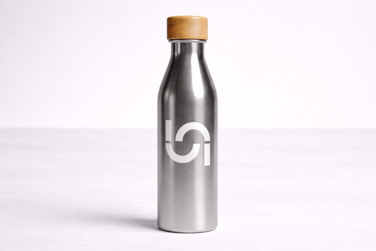 Branded stainless steel water bottle with wooden cap, perfect for corporate event attendees.