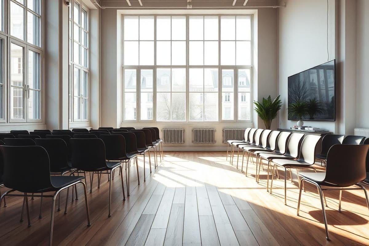 Bright corporate seminar room with rows of chairs, large windows, a wooden floor, and a presentation screen.