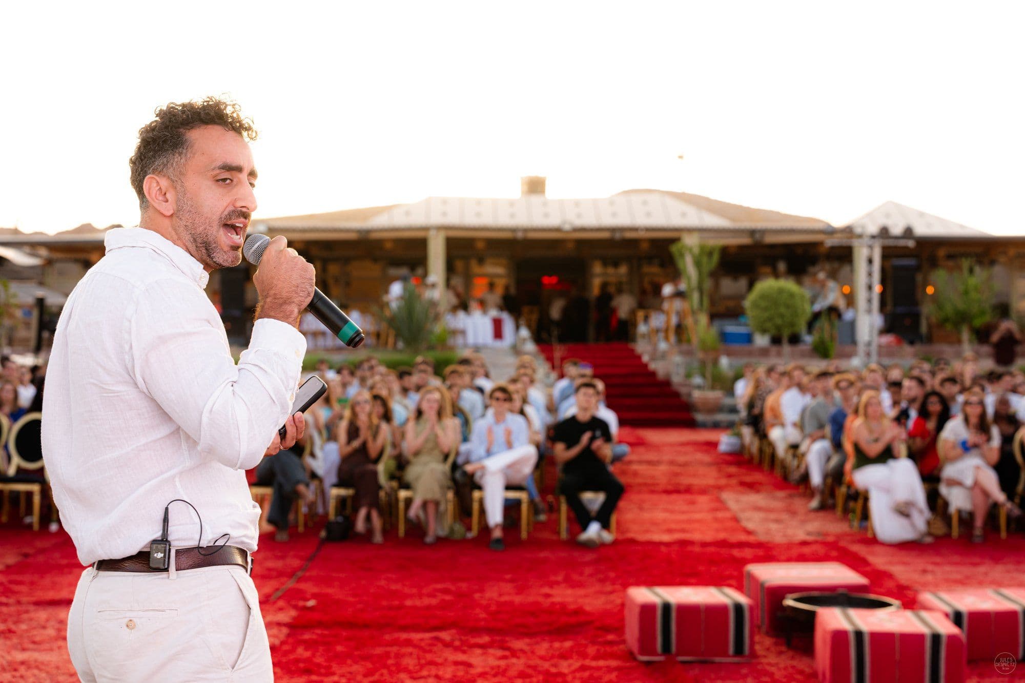 A Naboo leader speaking to the whole team during the founders keynote at the Naboo global offsite near Marrakech, May 2026