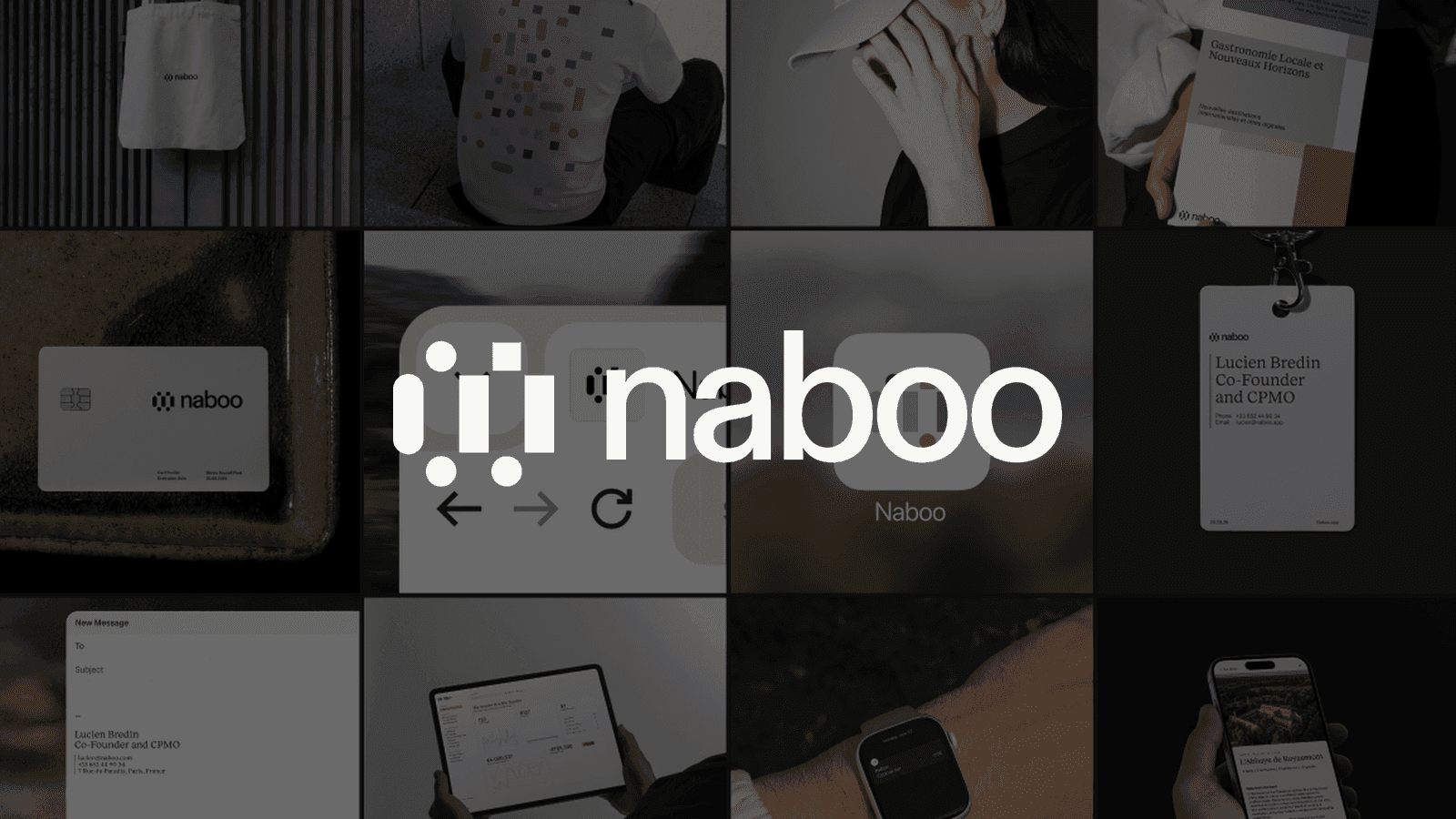 Naboo 2026 brand identity applied across tote bag, business card, app icon, lanyard and product UI, with the Naboo logo centred