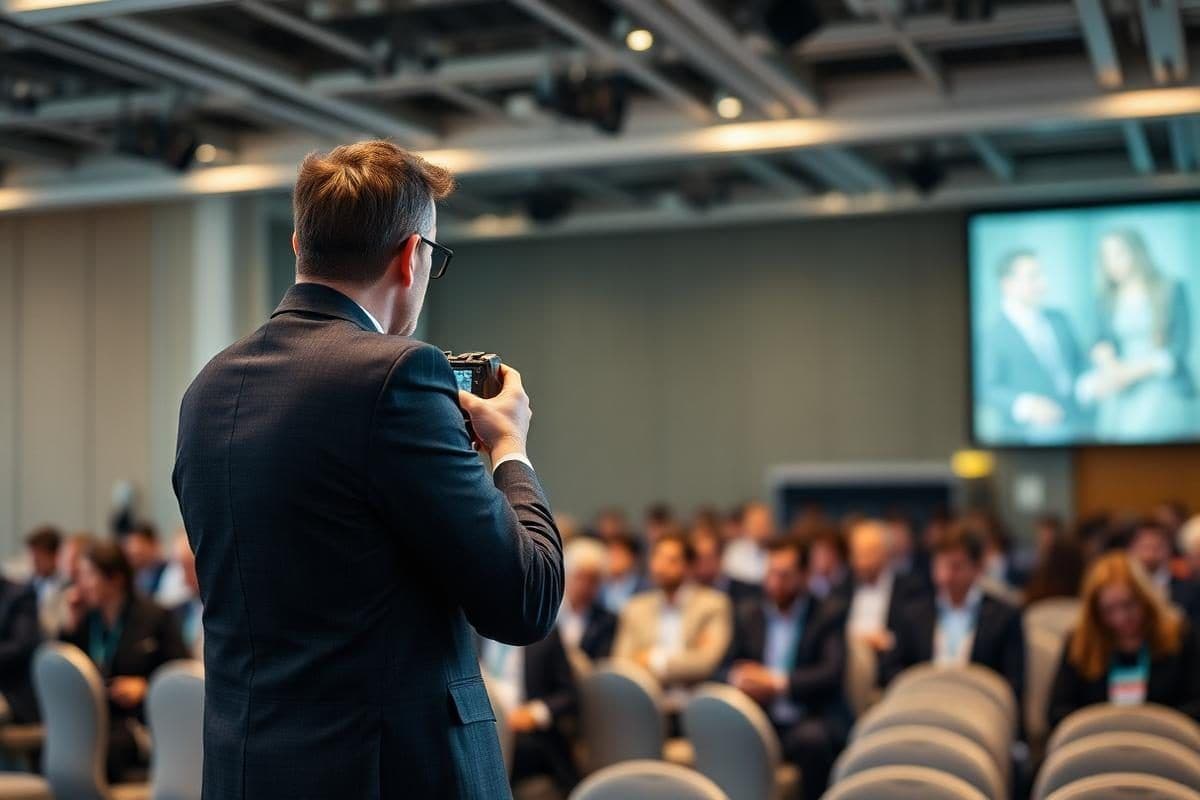 A man photographs a large screen during a corporate seminar in a spacious conference venue.