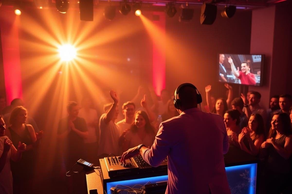 A DJ performs for a lively crowd at a corporate event venue with bright stage lighting and a screen.