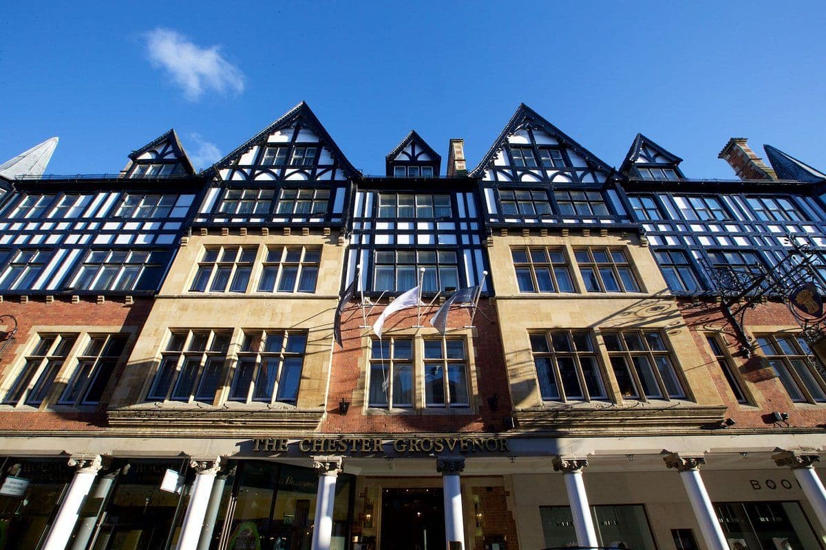 The historic Chester Grosvenor hotel, a black and white timber-framed corporate event venue in Chester.