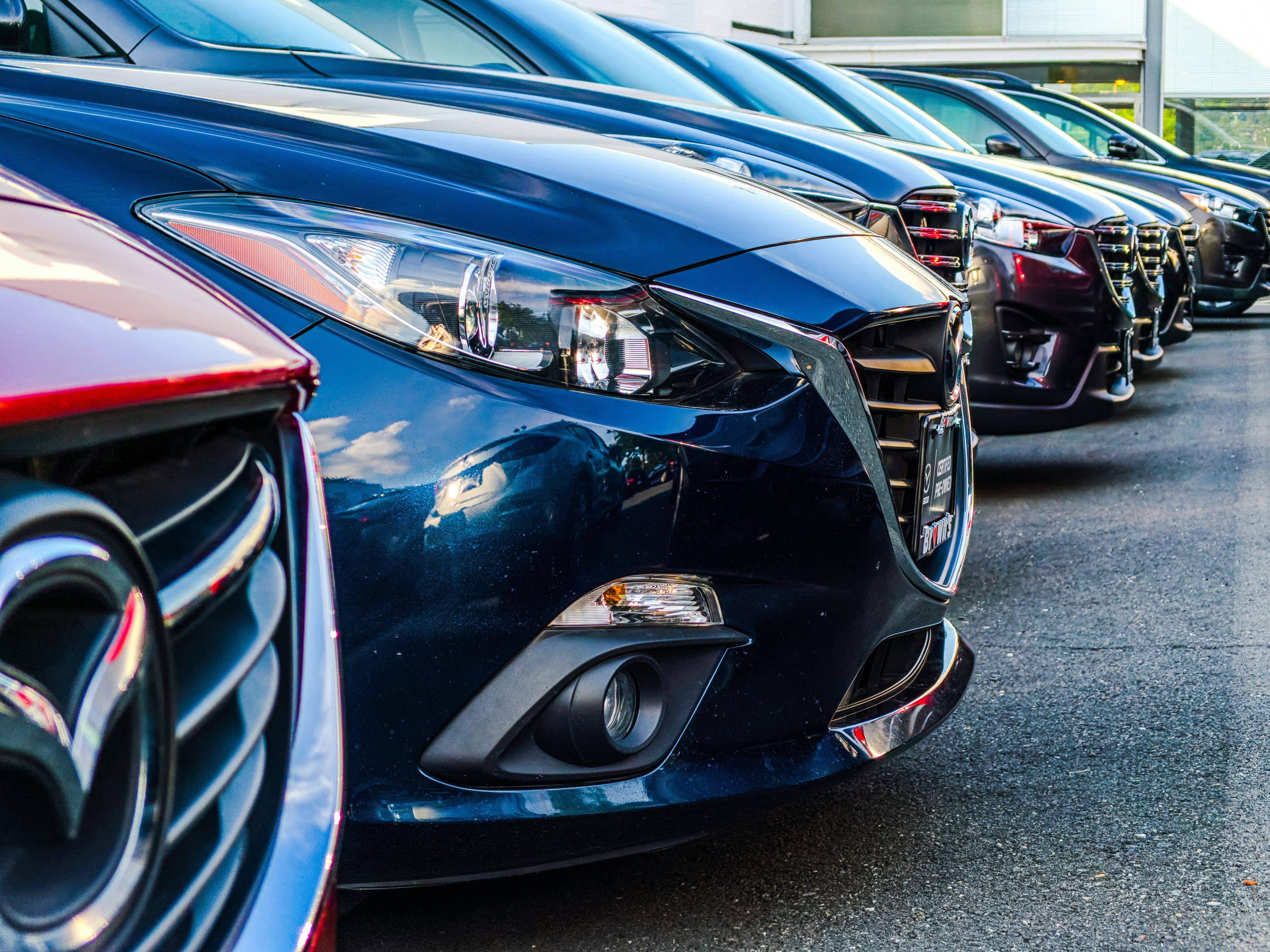Row of rental cars lined up at a dealership