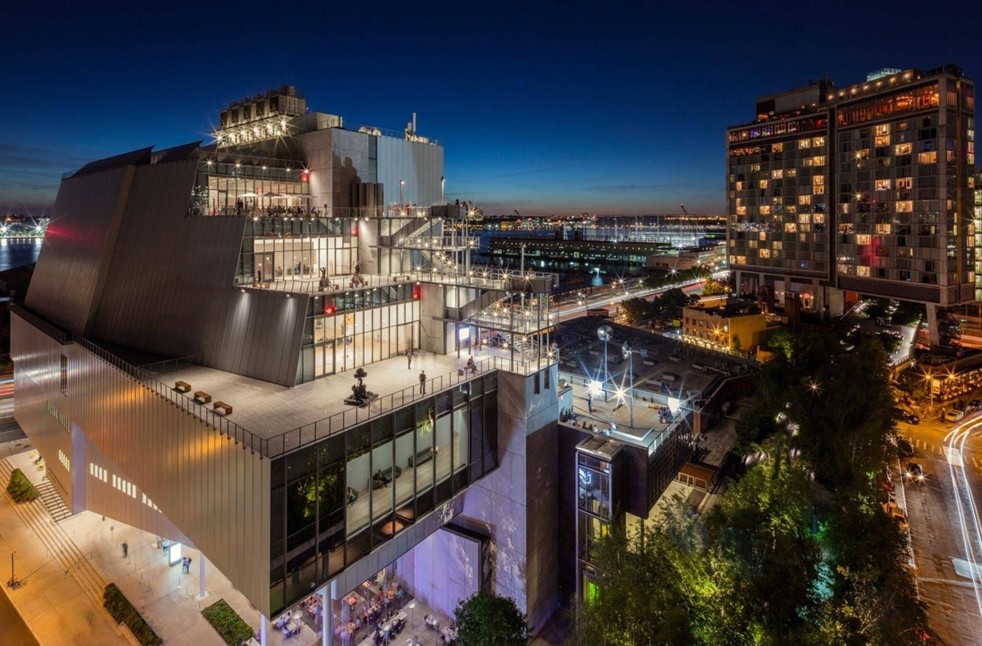 Whitney Museum of American Art in New York City at night, a holiday party venue in NYC with terraces over the Hudson